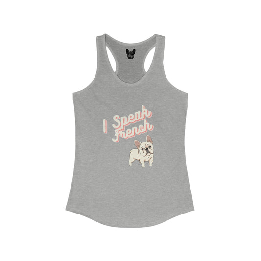 gray tank top with a graphic of a Frenchie that says I speak French