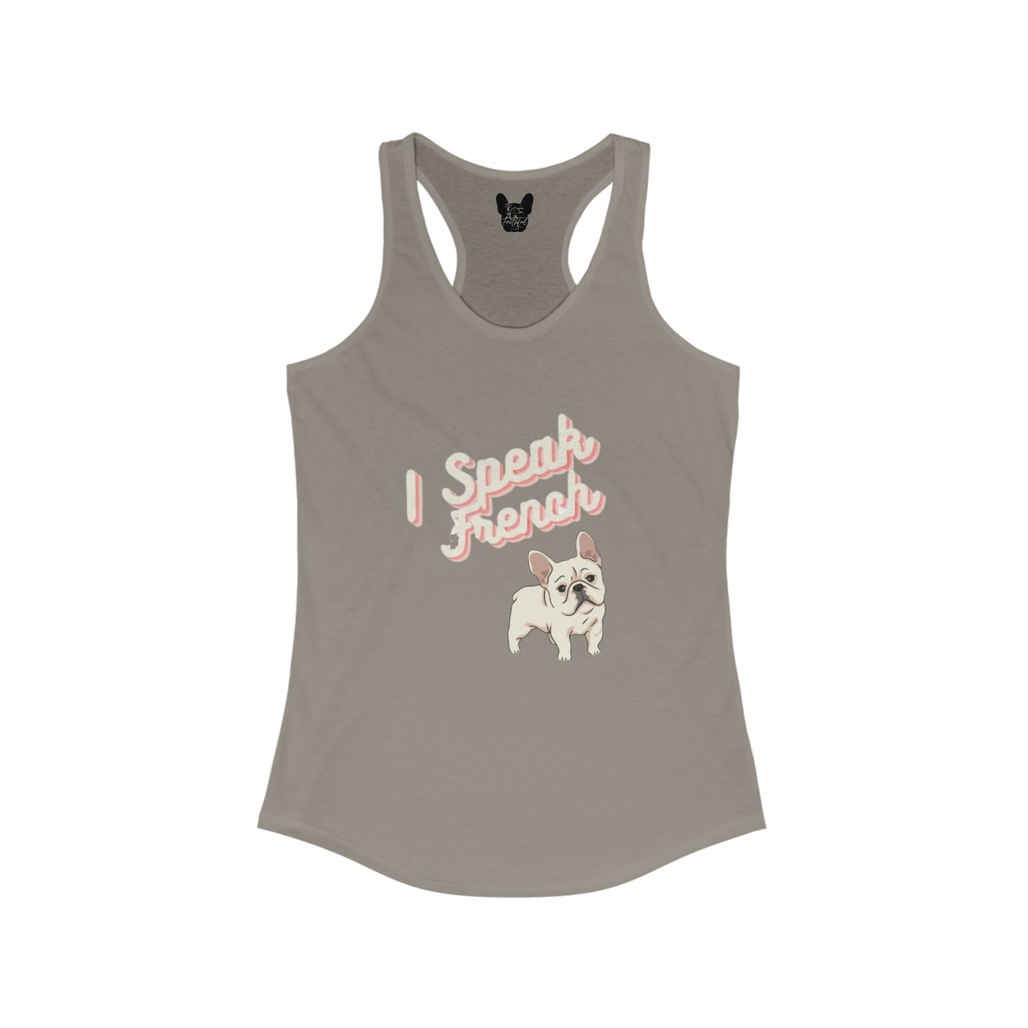 dark gray tank top with a graphic of a Frenchie that says I speak French