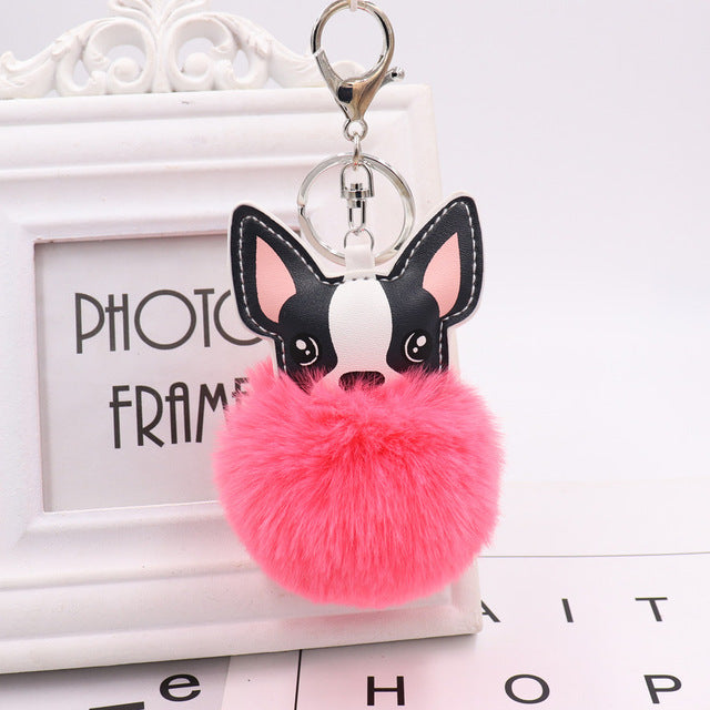 Fluffy Fur Ball French Bulldog Pompom Key Chain Leather Dog