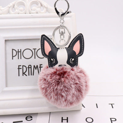 Fluffy Fur Ball French Bulldog Pompom Key Chain Leather Dog