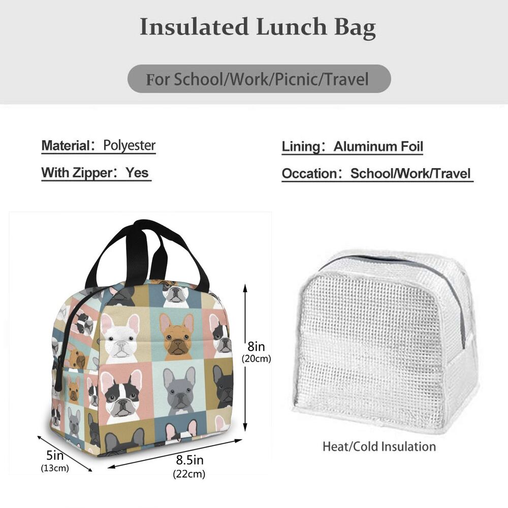 Cute French Bulldog Portable Insulated Canvas Thermal Zip-Up Food Lunch Bag