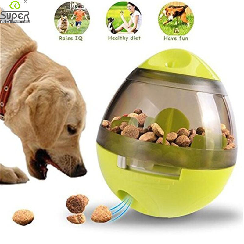 golden retriever eating treats from lime green treat dispenser