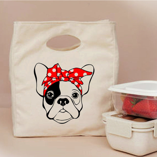 Frenchie insulated canvas lunch bag sack