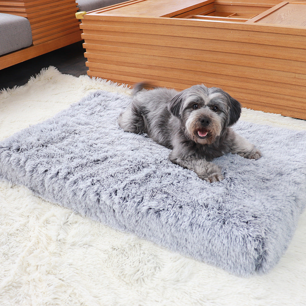 Long Plush Cushion Pet Bed with a dog laying on it